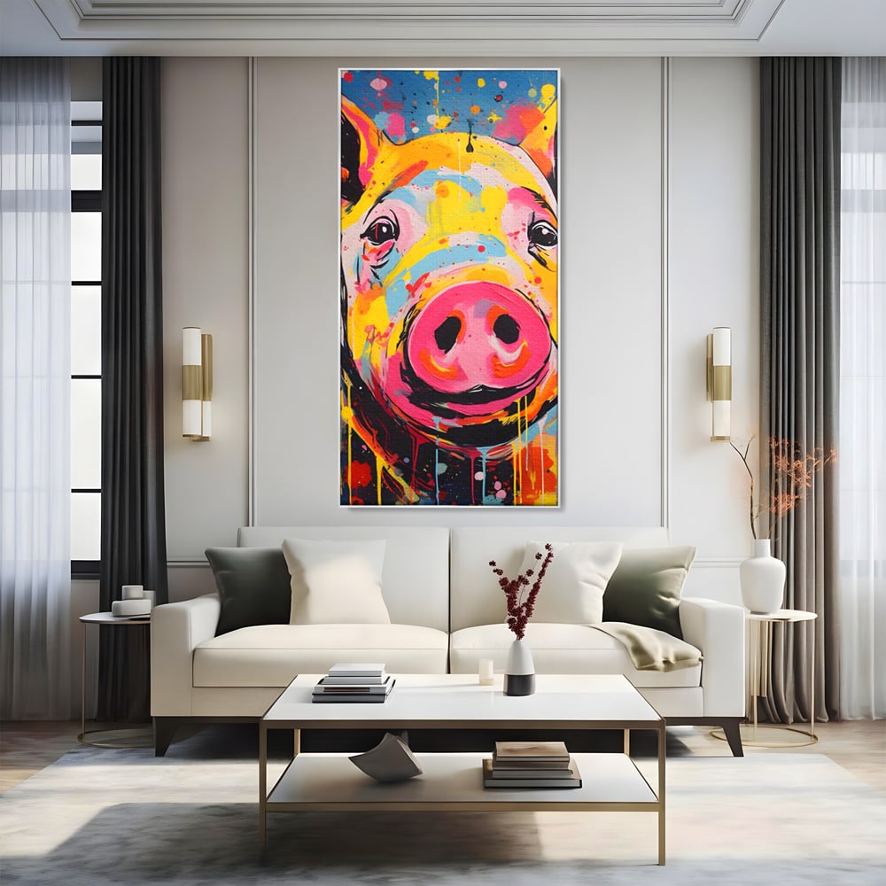 Tablou canvas cu tablou canvas portret de porc colorat, in rama de aluminiu argintiu, pe perete intr-un living